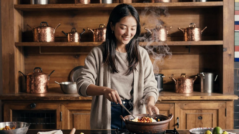 Bhutanese woman cooking traditional ema datshi chili cheese dish in a rustic kitchen with copper pots and warm light