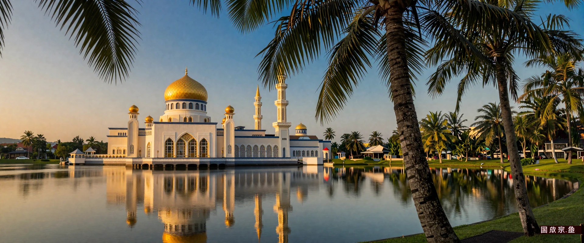 Sultan Omar Ali Saifuddien Mosque in Brunei at twilight with golden dome reflected in lagoon water surrounded by tropical palms