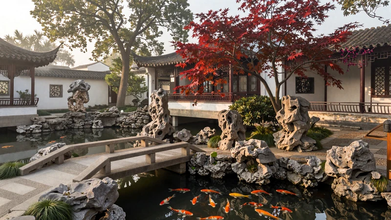 Traditional Chinese garden with stone bridge over koi pond reflecting the beauty of Chinese cultural heritage