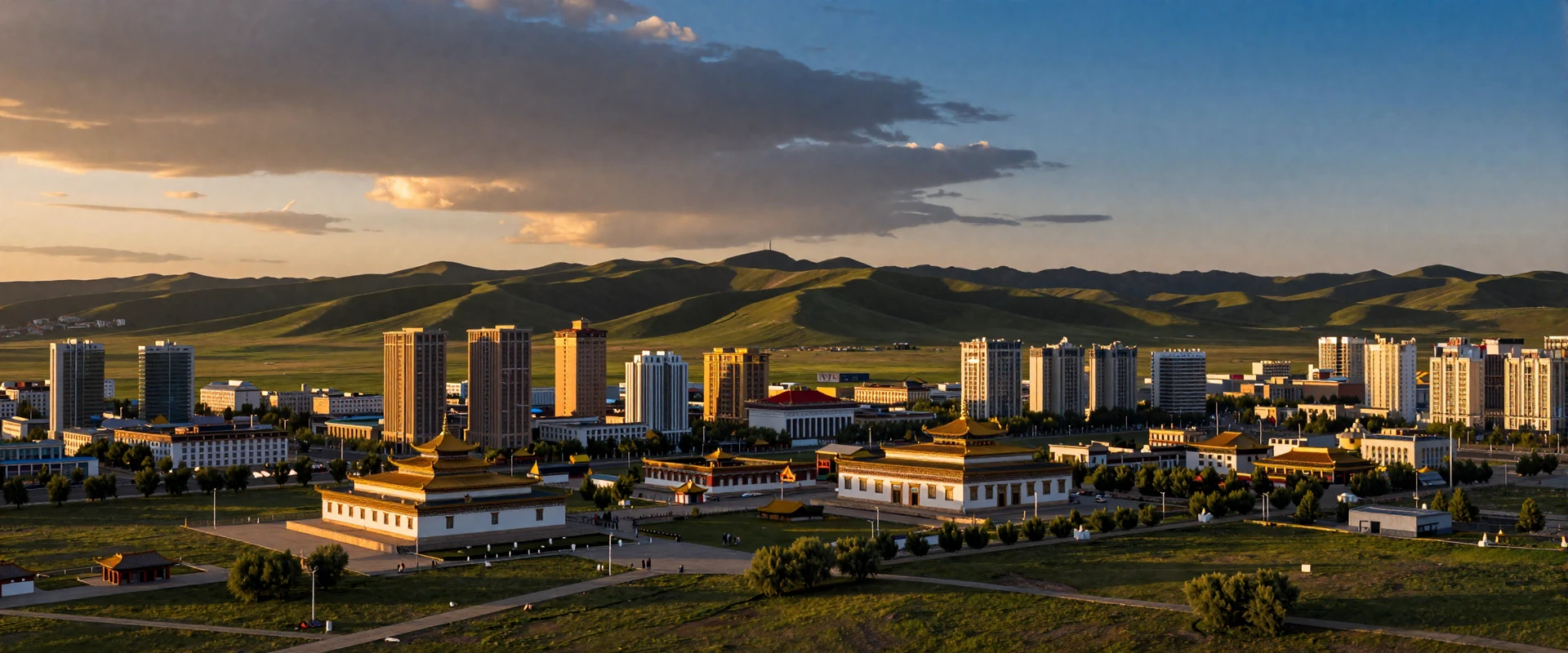 Ulaanbaatar Mongolia cityscape with modern buildings and traditional temples against green mountains at golden hour