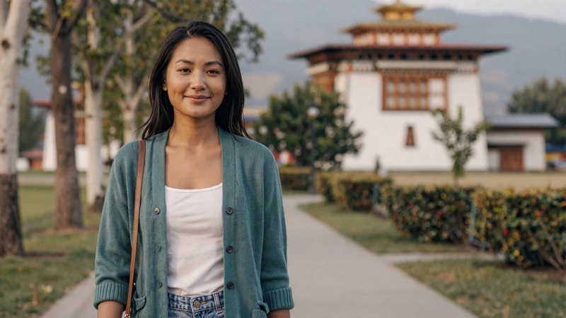 Bhutanese woman walking along a tree-lined street in Thimphu with traditional architecture in the background