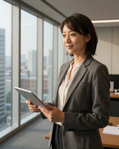 Confident Japanese woman in smart casual clothing at a modern Tokyo office, representing career-driven Asian women