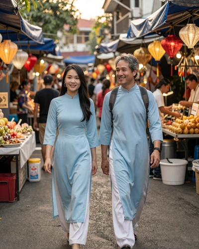 Western man and Vietnamese woman walking through colorful Vietnamese street market during golden hour, planning first trip to Asia