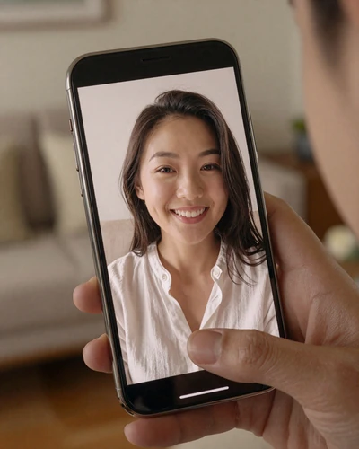 Video call verification with an Asian woman on a smartphone showing safe online dating practice