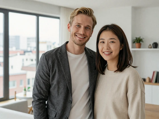 Thomas from Germany and Soo-Min from Korea happy couple in modern apartment success story