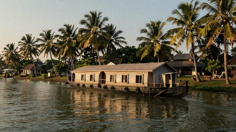 Kerala backwater houseboat surrounded by palm trees at golden hour ideal romantic destination for international couples visiting India