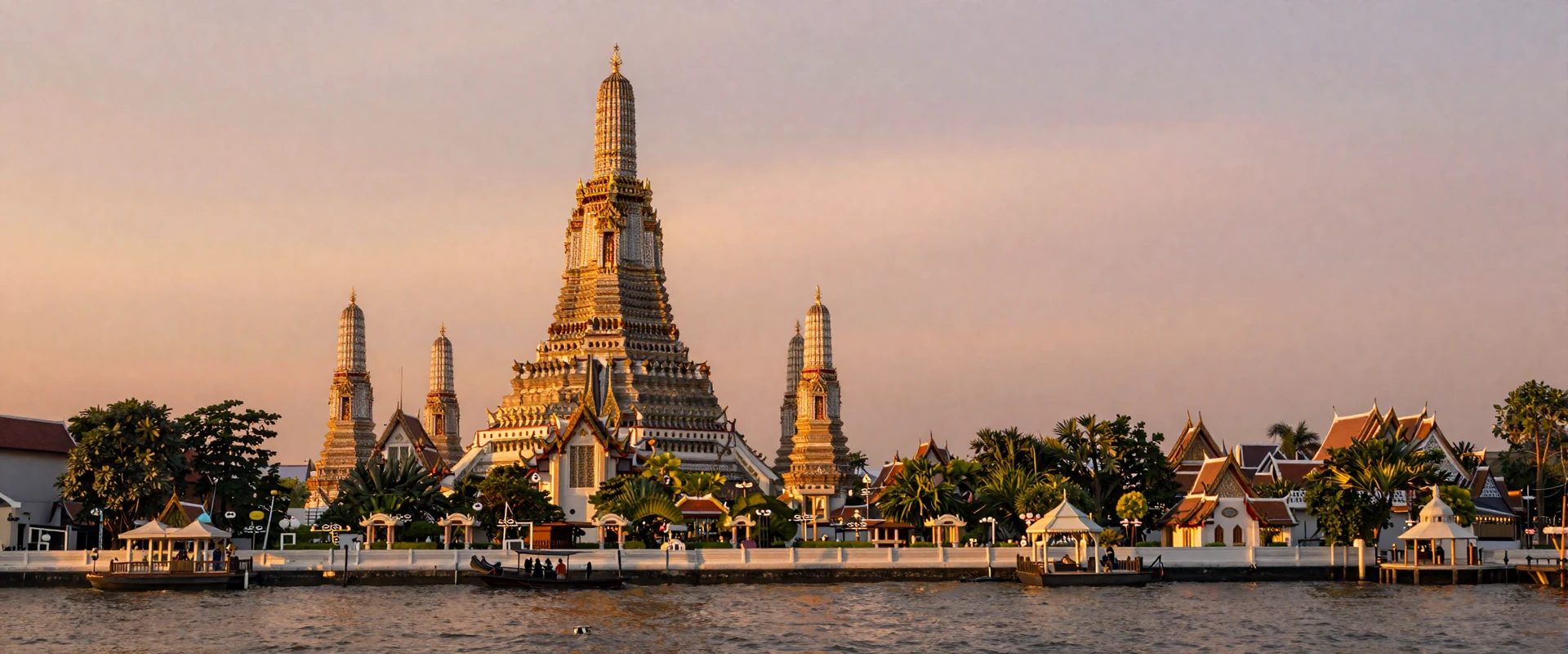 Golden Thai temple at sunset with warm amber light over the Chao Phraya River in Bangkok Thailand