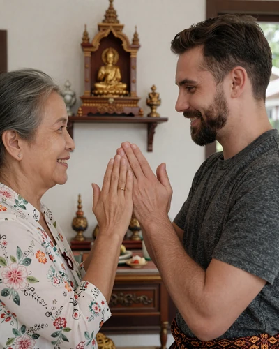 Western man performing respectful wai greeting to Thai woman's mother in family home, cultural preparation for Asian dating trip