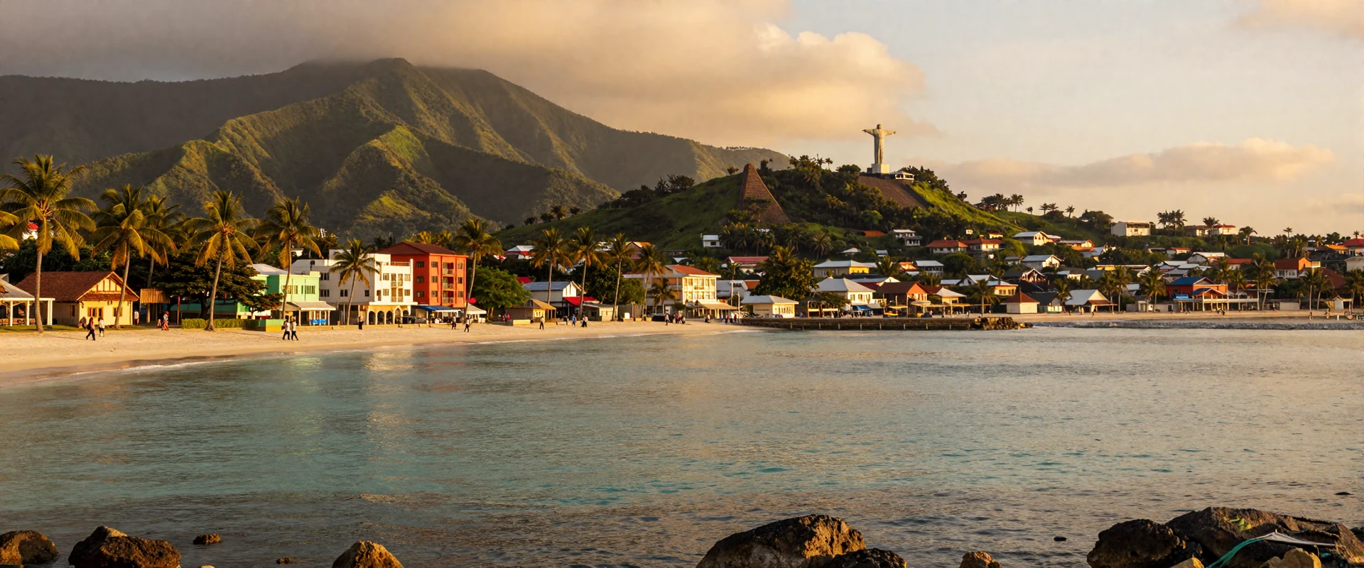 Dili waterfront in Timor-Leste at golden hour with Cristo Rei statue and turquoise ocean waters along the tropical coast