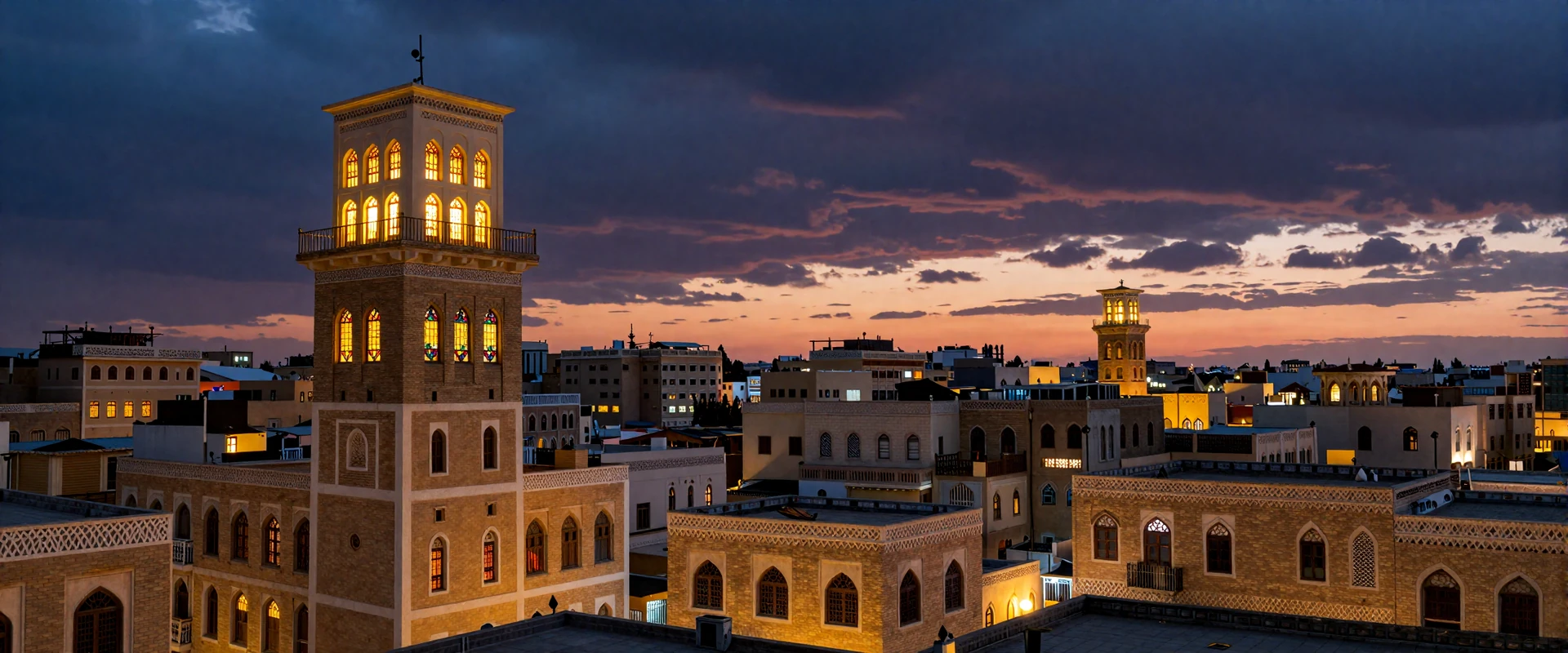 Sana'a Yemen old city at dusk with iconic tower houses featuring white geometric trim and glowing qamariya windows against sunset sky