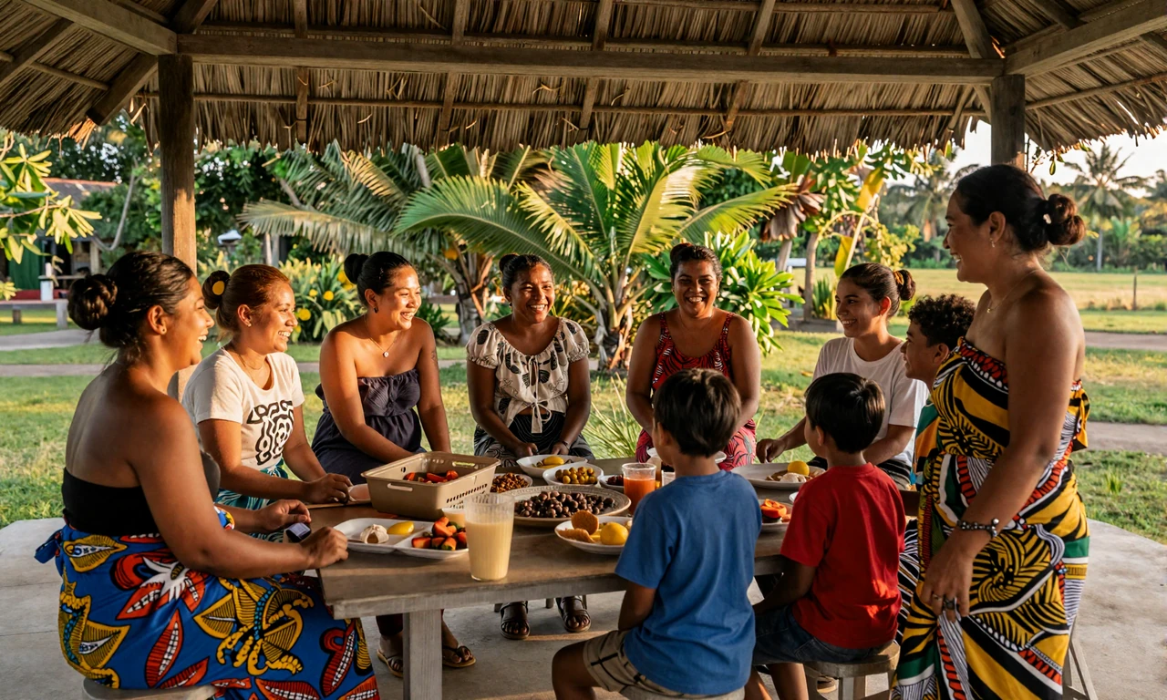 Timorese family gathering outdoors sharing food and conversation under tropical pavilion with women in colorful tais cloth and modern clothing