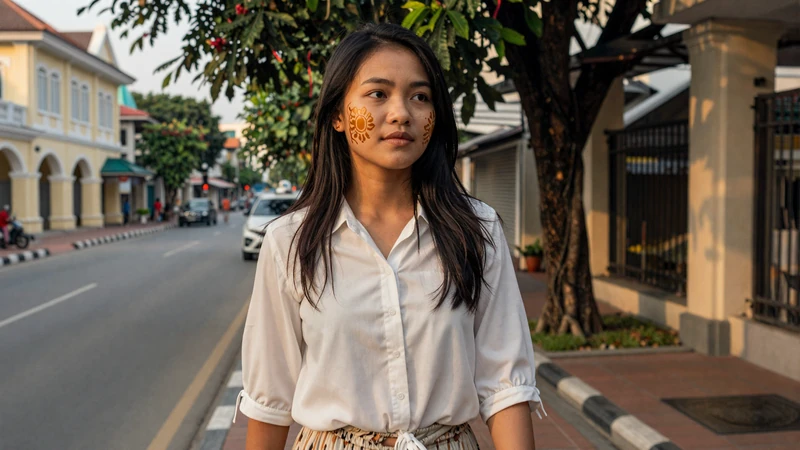 Young Burmese woman with thanaka paste walking along tree-lined Yangon street in modern casual attire