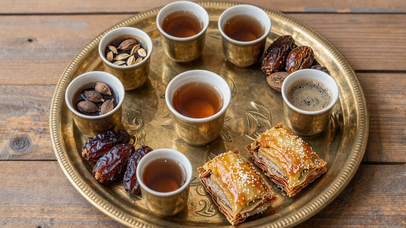 Traditional Yemeni coffee ceremony with cardamom spiced coffee in small cups served alongside dates and bint al-sahn honeyed bread