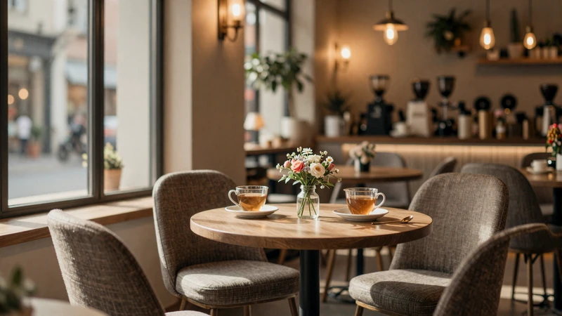 Warm café table set for two with tea and flowers creating a romantic first date atmosphere for cross-cultural dating