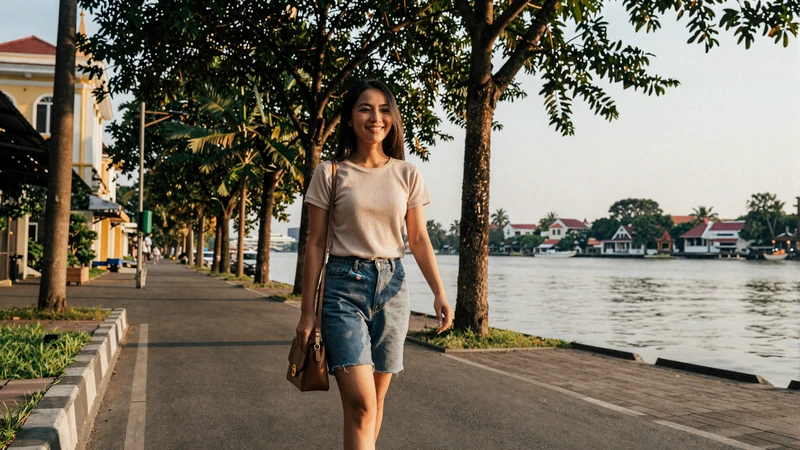 Young Cambodian woman walking along Phnom Penh riverside boulevard in casual modern clothing with tropical trees and architecture