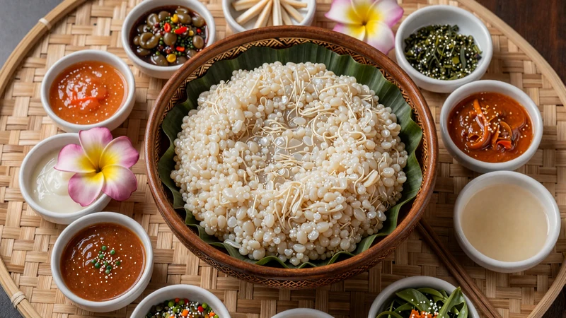 Traditional Bruneian ambuyat meal with sago starch and colorful dipping sauces served on woven mat with bamboo chandas chopsticks