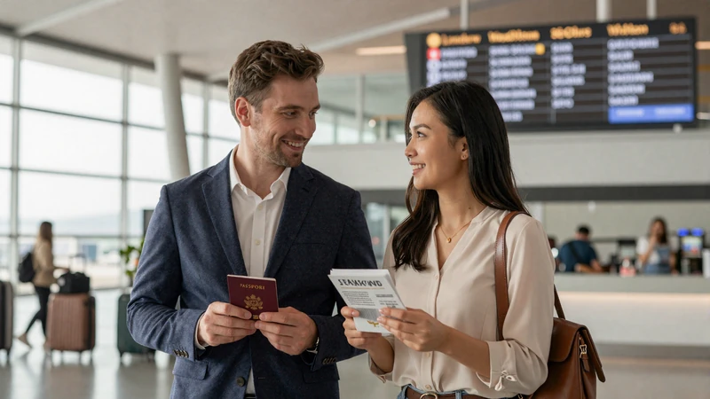 International couple holding passports at airport terminal, preparing for K-1 fiancée visa journey together