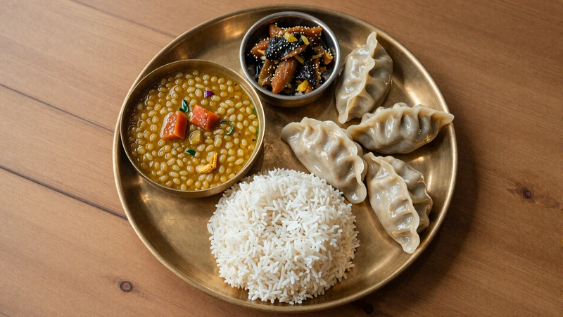 Traditional Nepali dal bhat tarkari meal with momos dumplings on brass thali plate warm food photography