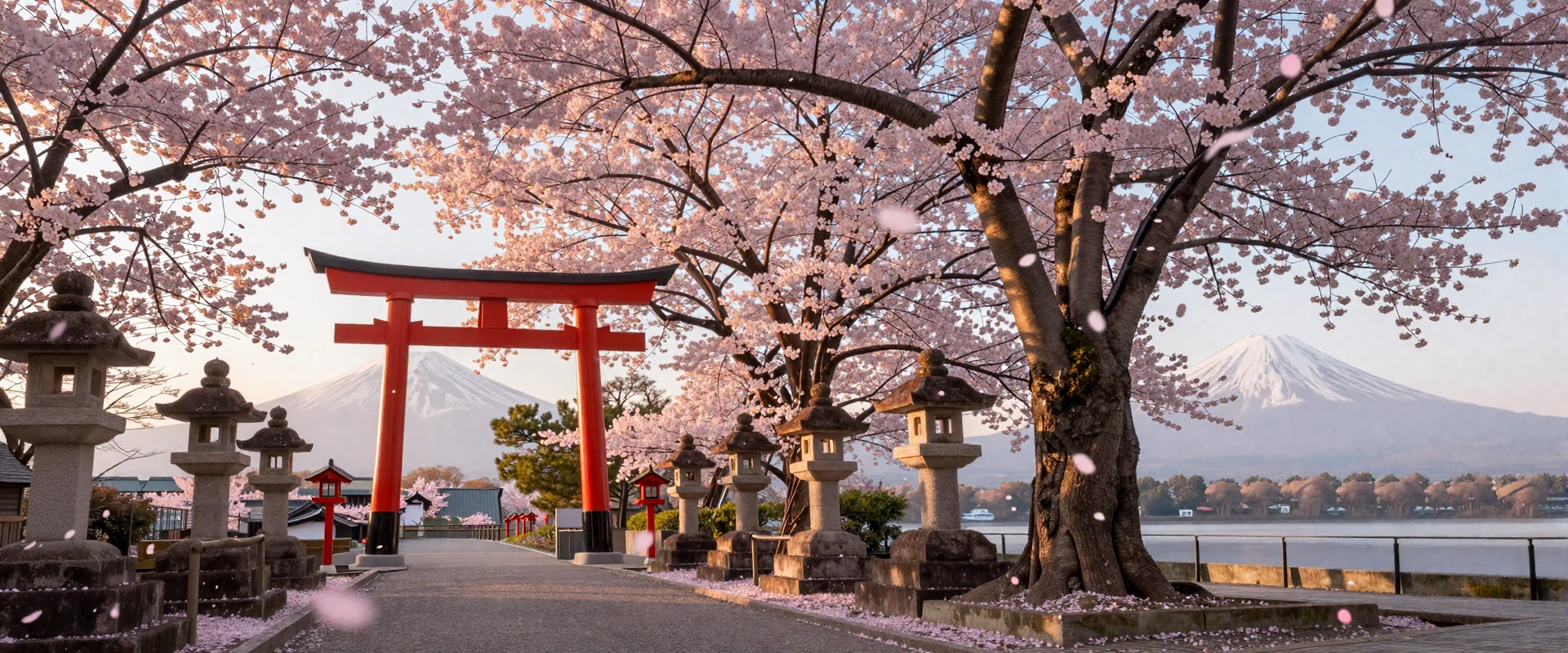 Cherry blossom path in Japan with sakura petals falling near a traditional torii gate at golden hour