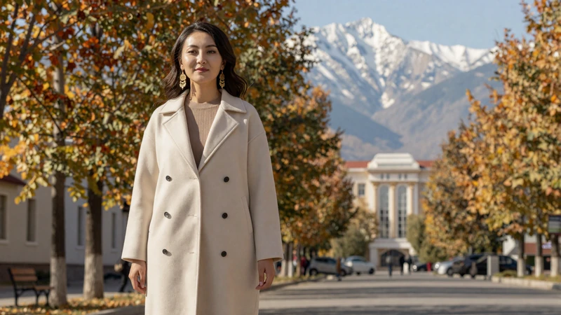 Kazakh woman walking along Almaty boulevard with Tien Shan mountains in background wearing modern casual outfit with traditional Kazakh gold earrings
