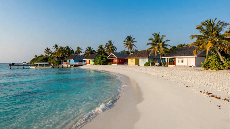Traditional Maldivian inhabited island with colorful buildings white sand beach turquoise waters and dhoni boats at jetty