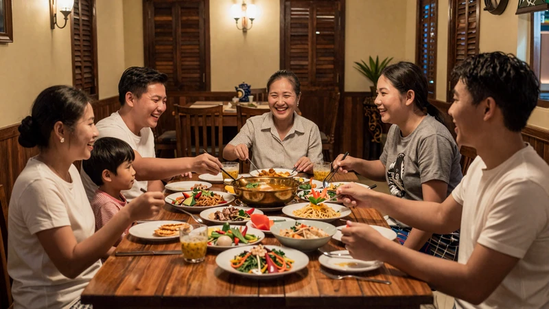 Thai family sharing traditional dinner together with multiple generations showing warm family values