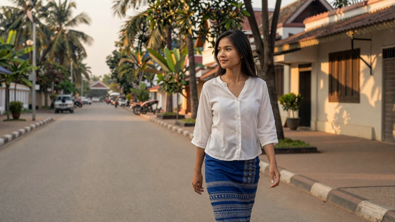 Laotian woman in traditional sinh skirt walking along a tree-lined street in Vientiane with French colonial architecture