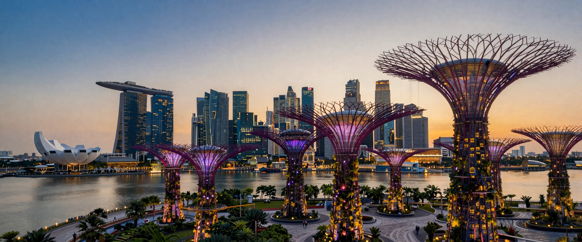 Marina Bay Sands skyline and Gardens by the Bay supertrees glowing at twilight in Singapore