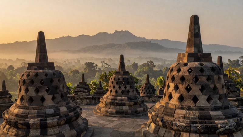 Borobudur temple in Java Indonesia at sunrise with mist and volcanic mountains ideal romantic destination for international couples