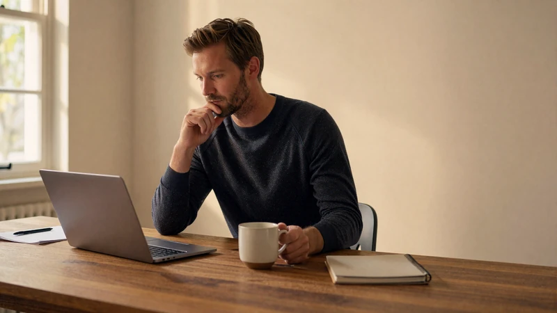 Man writing an attractive online dating profile on his laptop in warm afternoon light