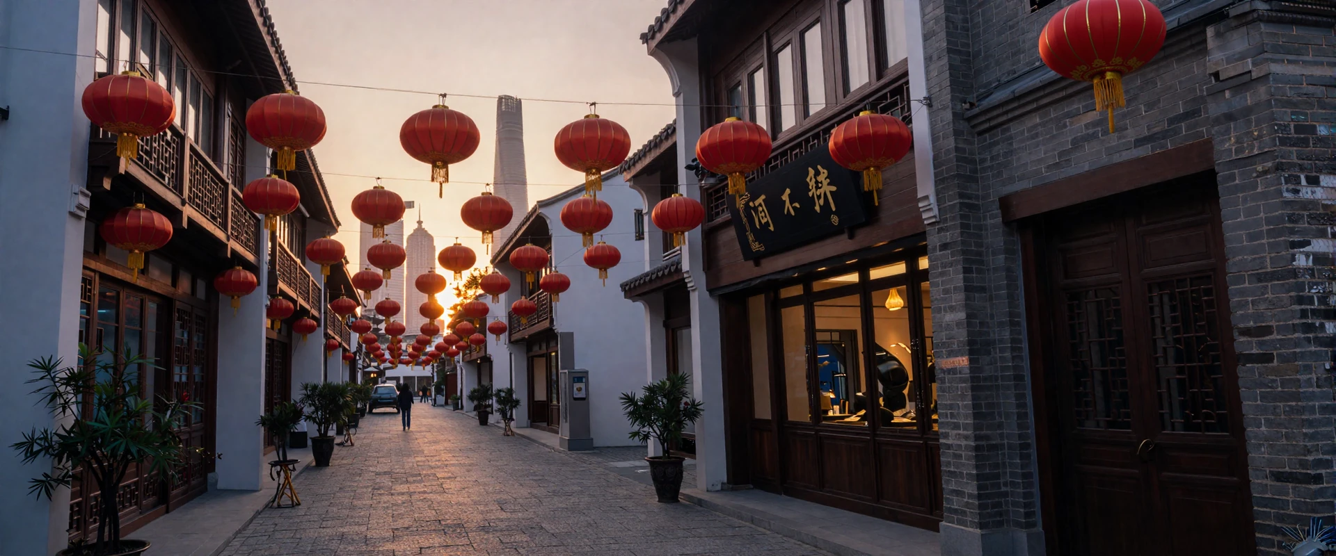 Traditional Chinese lantern street leading to modern Shanghai skyline at golden hour showcasing the blend of heritage and modernity