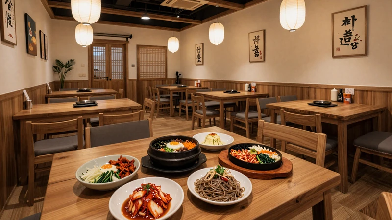 Traditional Korean dishes including cold noodles and kimchi served in a warm modern Korean restaurant setting