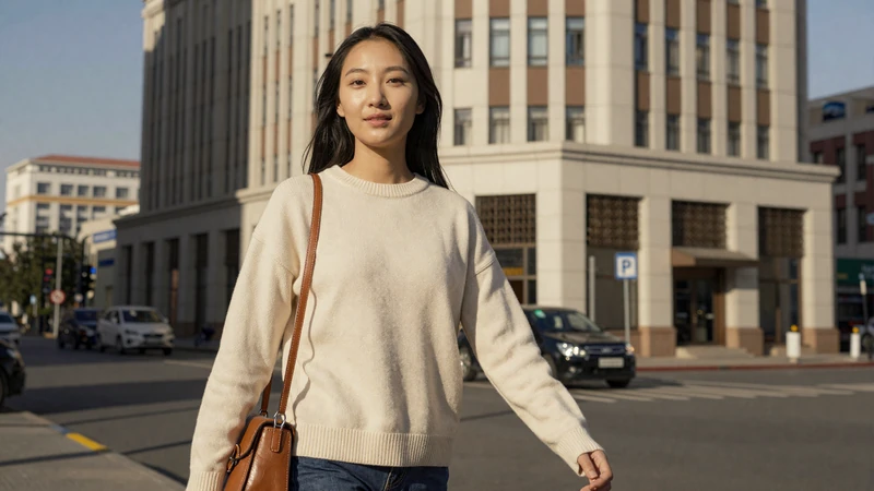 Young Mongolian woman walking along modern Ulaanbaatar city street in casual clothing with confident expression