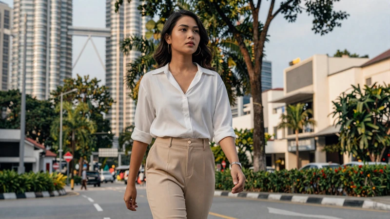 Modern Malaysian woman walking along tree-lined Kuala Lumpur street in casual clothing reflecting Malaysia's cosmopolitan dating scene
