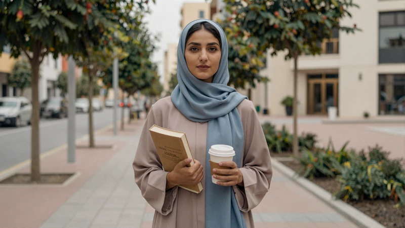 Confident Yemeni woman in elegant modest clothing walking along tree-lined city sidewalk with coffee and book
