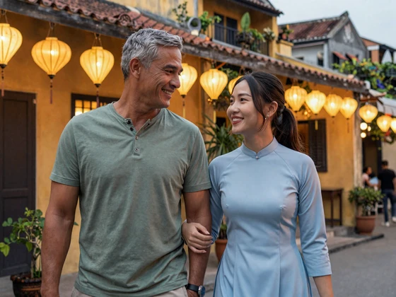 Robert from Australia and Linh from Vietnam couple walking in Hoi An success story