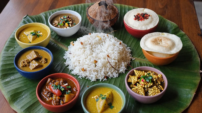 Traditional Sri Lankan rice and curry spread with colorful curries sambols and hoppers on banana leaf warm appetizing food photography