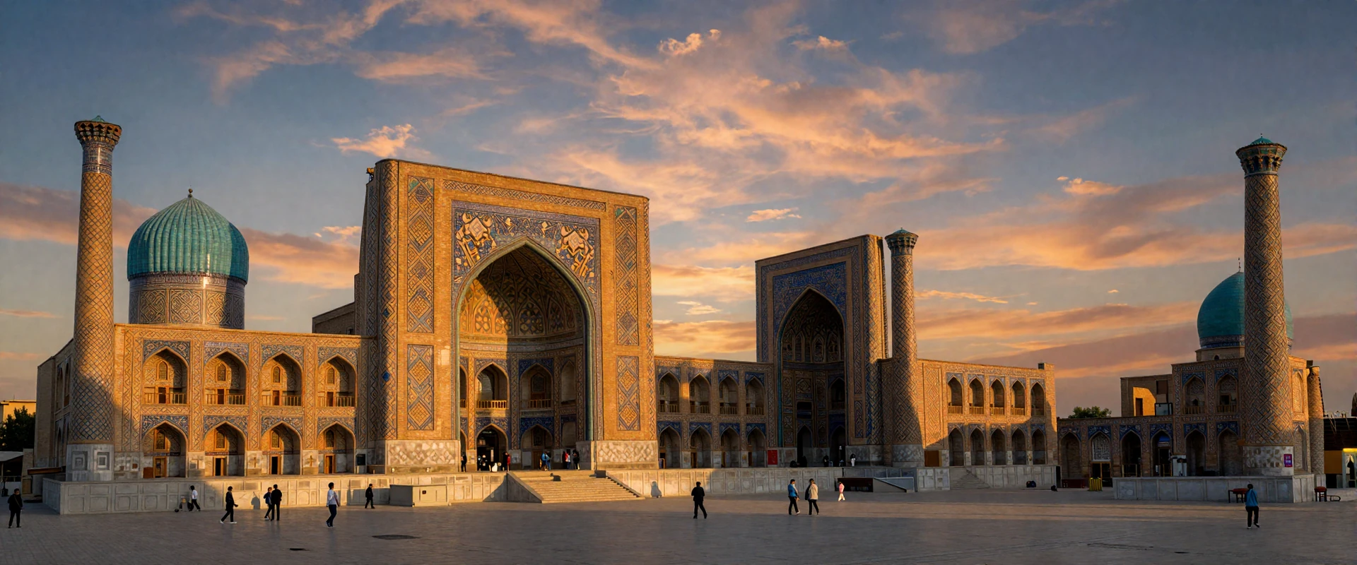 Registan Square in Samarkand Uzbekistan at golden hour with turquoise-tiled madrasas and Silk Road architecture
