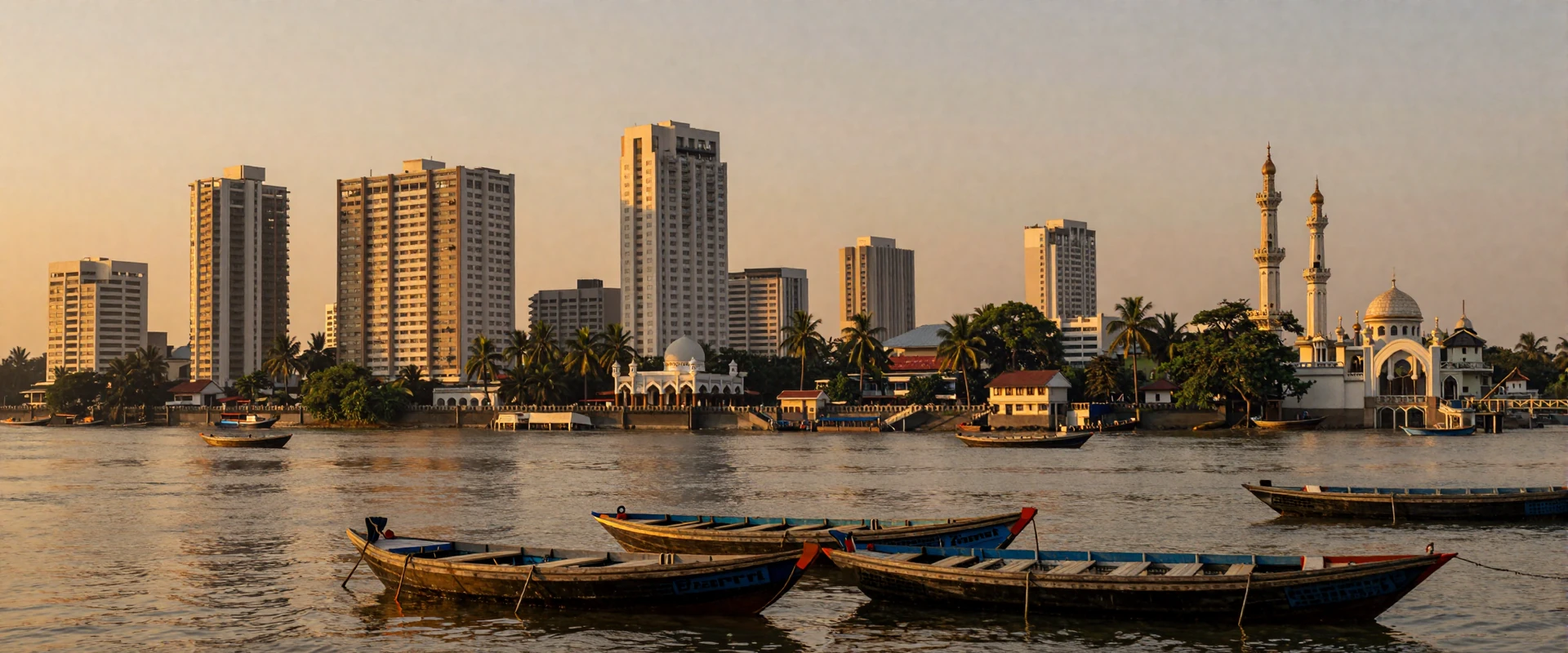 Dhaka Bangladesh skyline at golden hour with Buriganga River and traditional boats showcasing the vibrant capital city