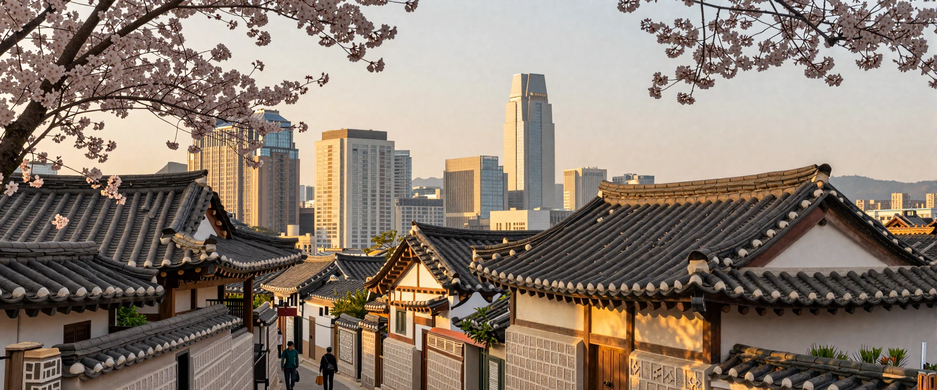 Traditional Korean hanok village in Seoul blending heritage architecture with modern skyline at golden hour for Korean women dating