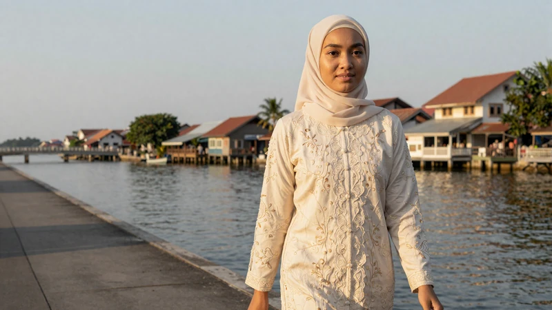 Elegant Bruneian woman in cream baju kurung walking along Bandar Seri Begawan waterfront with Kampong Ayer water village in background