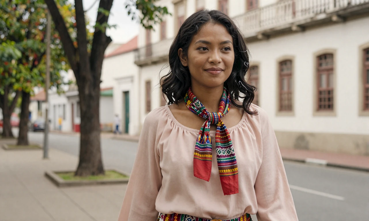Young Timorese woman walking along tree-lined Dili street with Portuguese colonial architecture in casual modern clothing with tais accessory