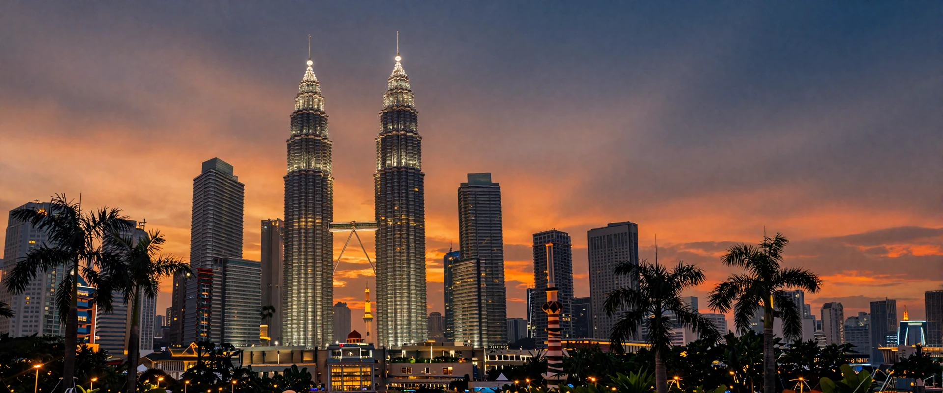 Kuala Lumpur Malaysia skyline at sunset with Petronas Twin Towers and tropical palms showcasing modern Malaysian city