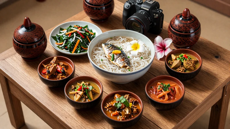 Traditional Burmese meal spread with mohinga noodle soup laphet thoke tea leaf salad and various curries served in lacquerware