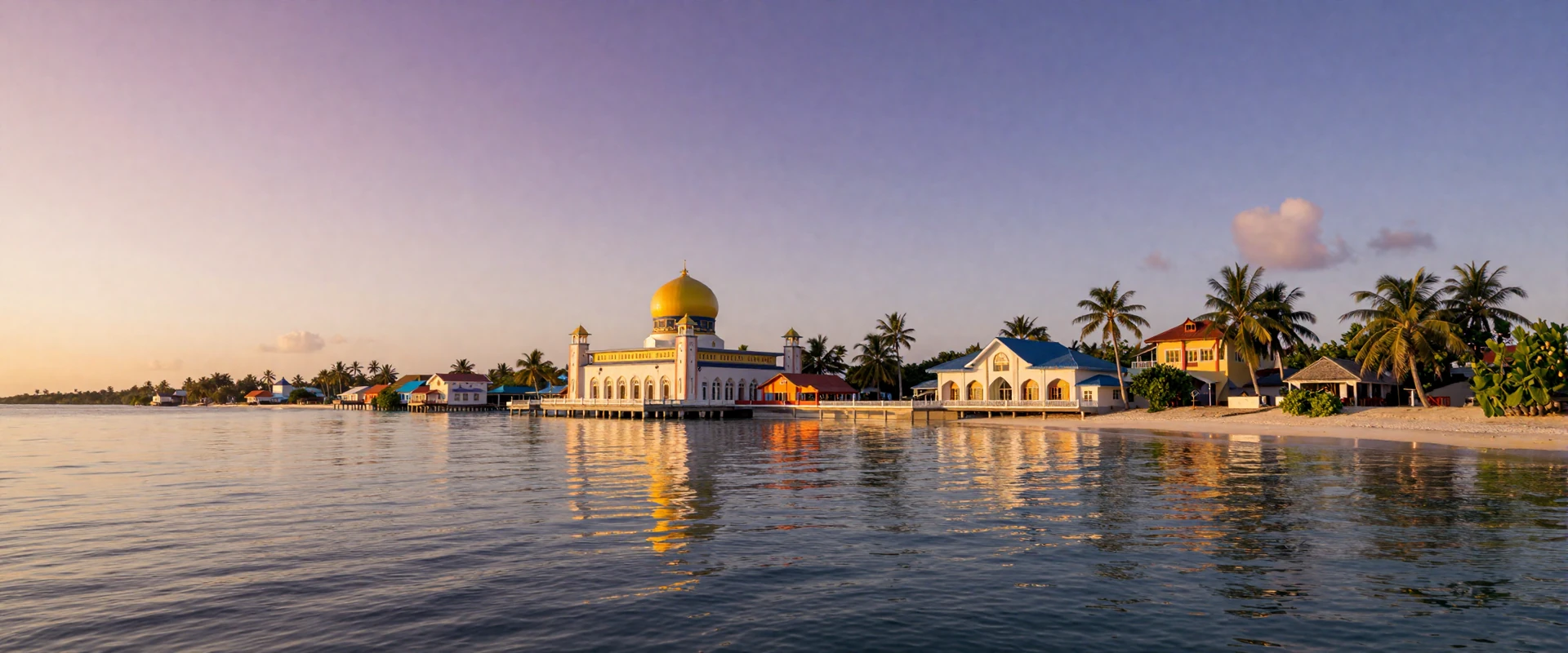 Malé Maldives waterfront at sunset with colorful buildings and mosques reflecting in turquoise Indian Ocean waters