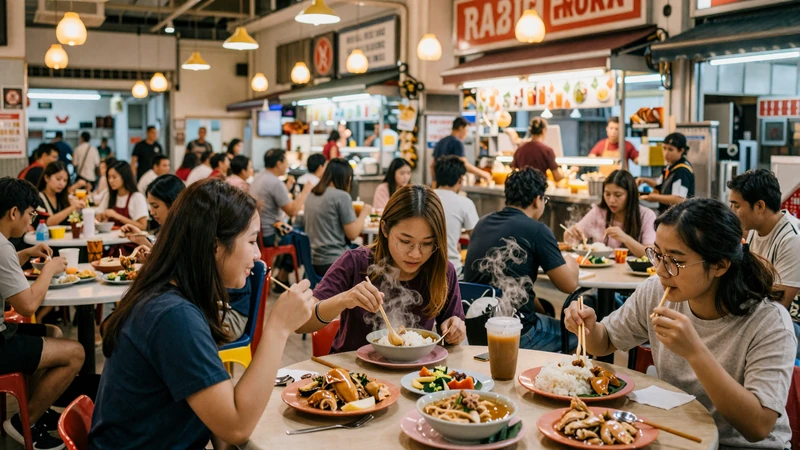 Vibrant Singapore hawker center with diverse multiethnic crowd enjoying chicken rice and laksa under warm evening lights