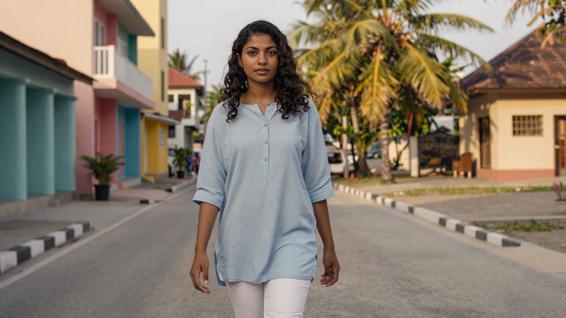 Young Maldivian woman in modest blue tunic walking through colorful Malé street with palm trees and island architecture