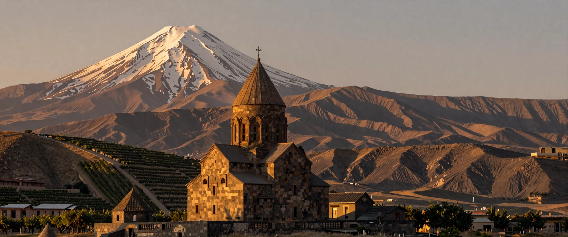 Mount Ararat and Khor Virap monastery at golden hour showing Armenian Caucasus landscape with warm apricot sunset light