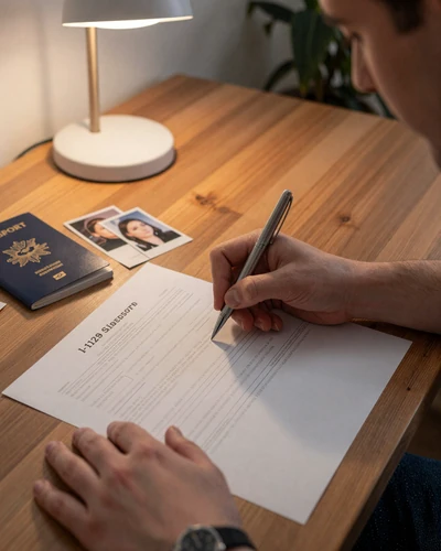 Hands filling out K-1 fiancée visa petition form I-129F with couple photographs and passport on desk