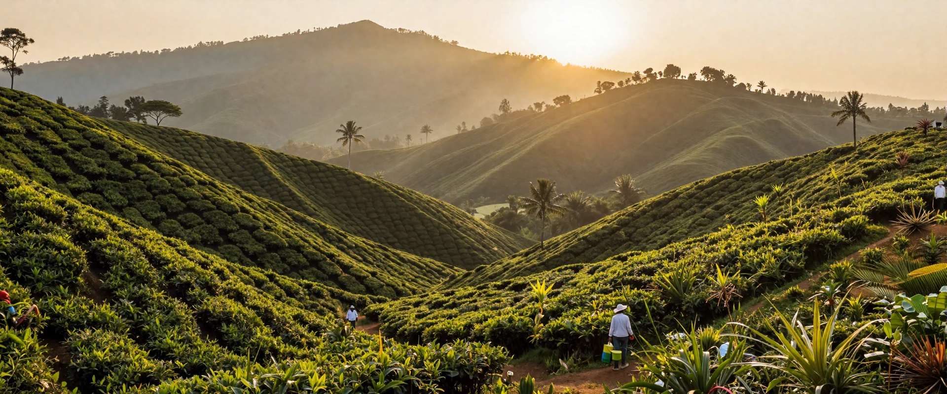 Sri Lanka hill country tea plantations near Nuwara Eliya at golden hour with misty green mountains and warm sunlight